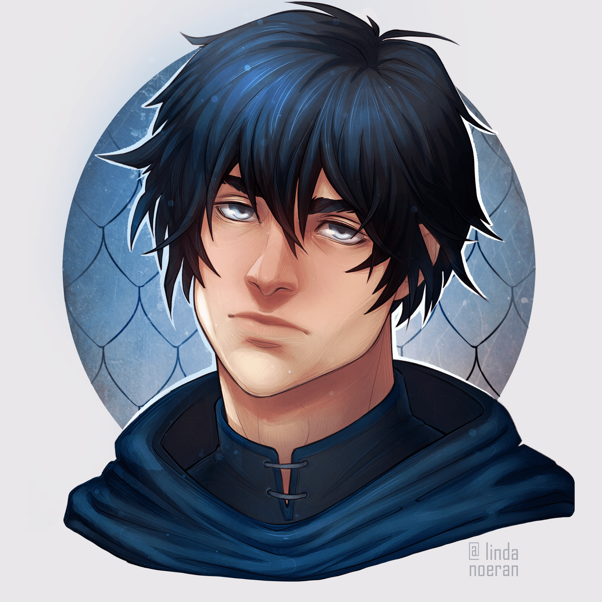Young man with black hair and dark blue hooded cloak