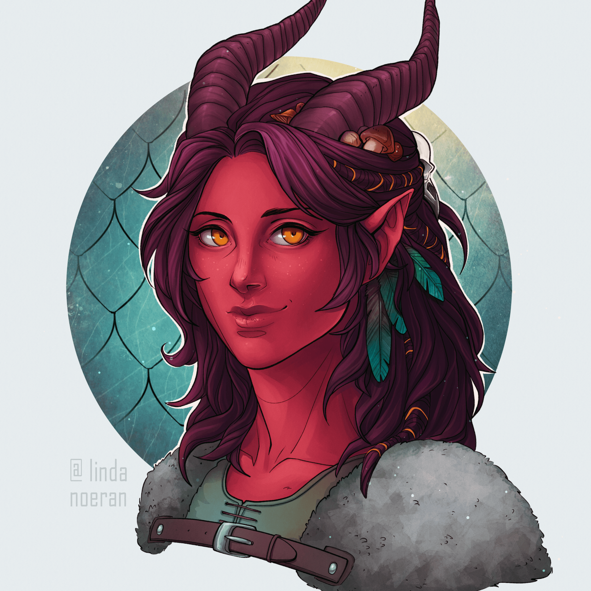 Tiefling female with dark red skin and purple hair and dark red horns.