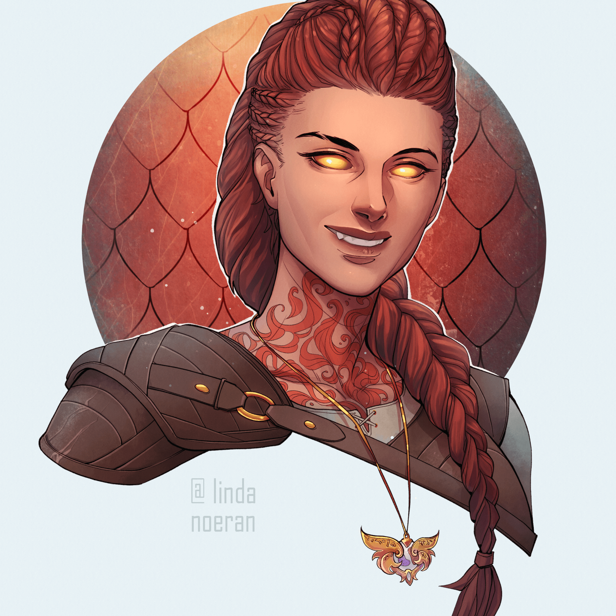 Female portrait with long red braided hair and golden eyes.