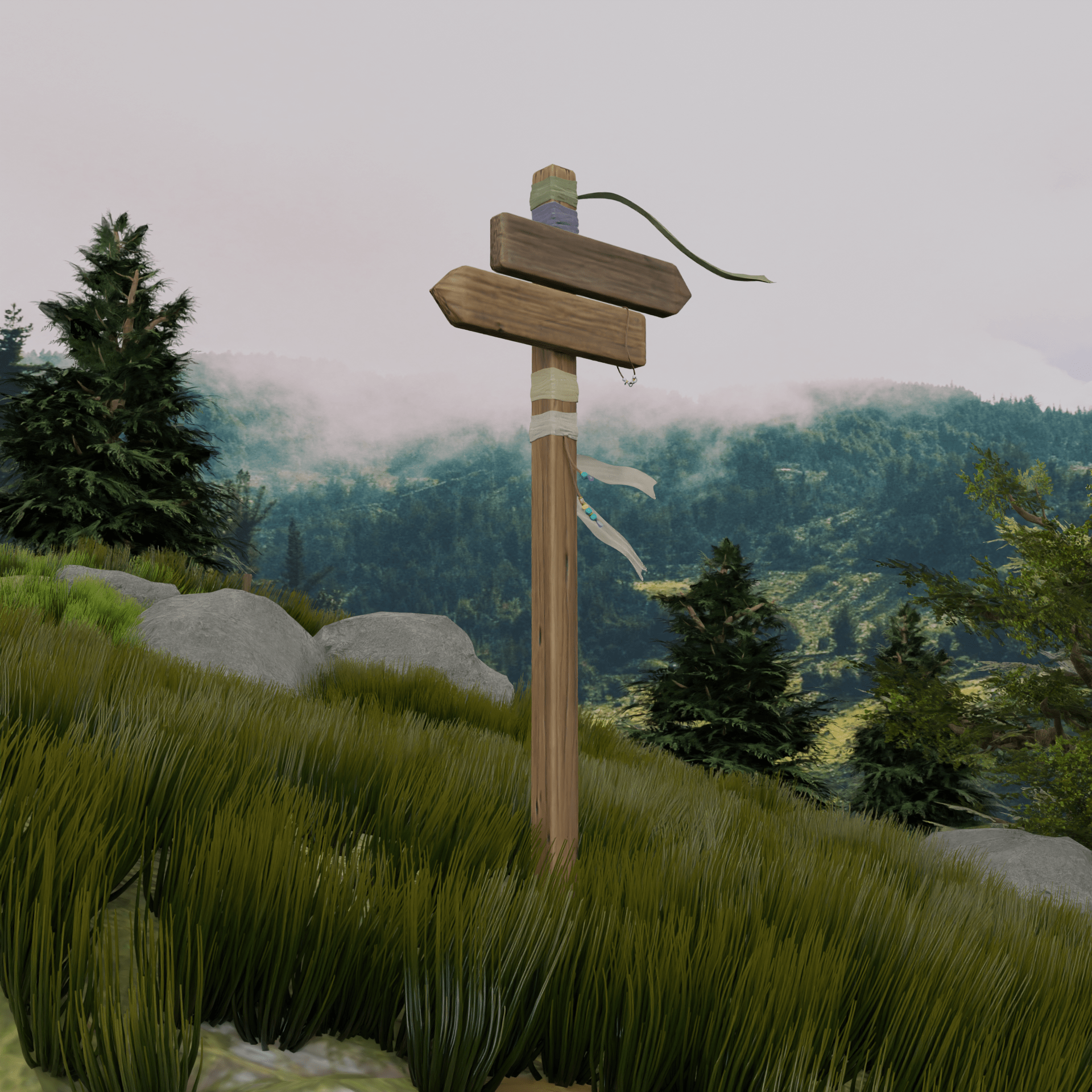 3d digital artwork of two wooden roadsigns, wrapped in keepsakes and beaded trinkets for good luck.